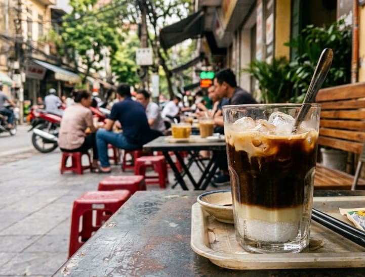 Chủ quán thêm 3 thìa đường vào ly cà phê sữa của tôi