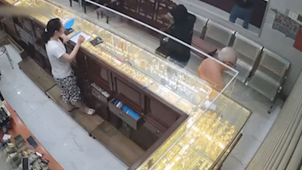 Камера зафиксировала, как семья владельца золотого магазина сбивает грабителя.
