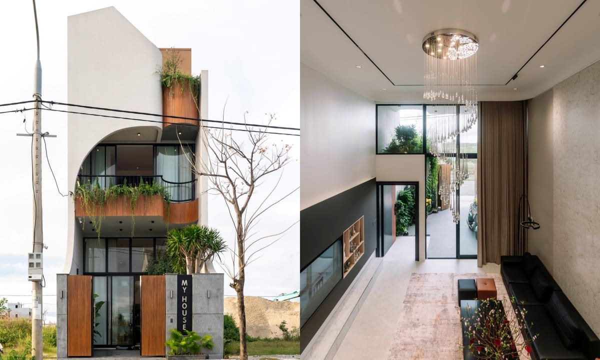 Nhà phố 120 m2 bo cong mặt tiền, phòng khách cao hai tầng